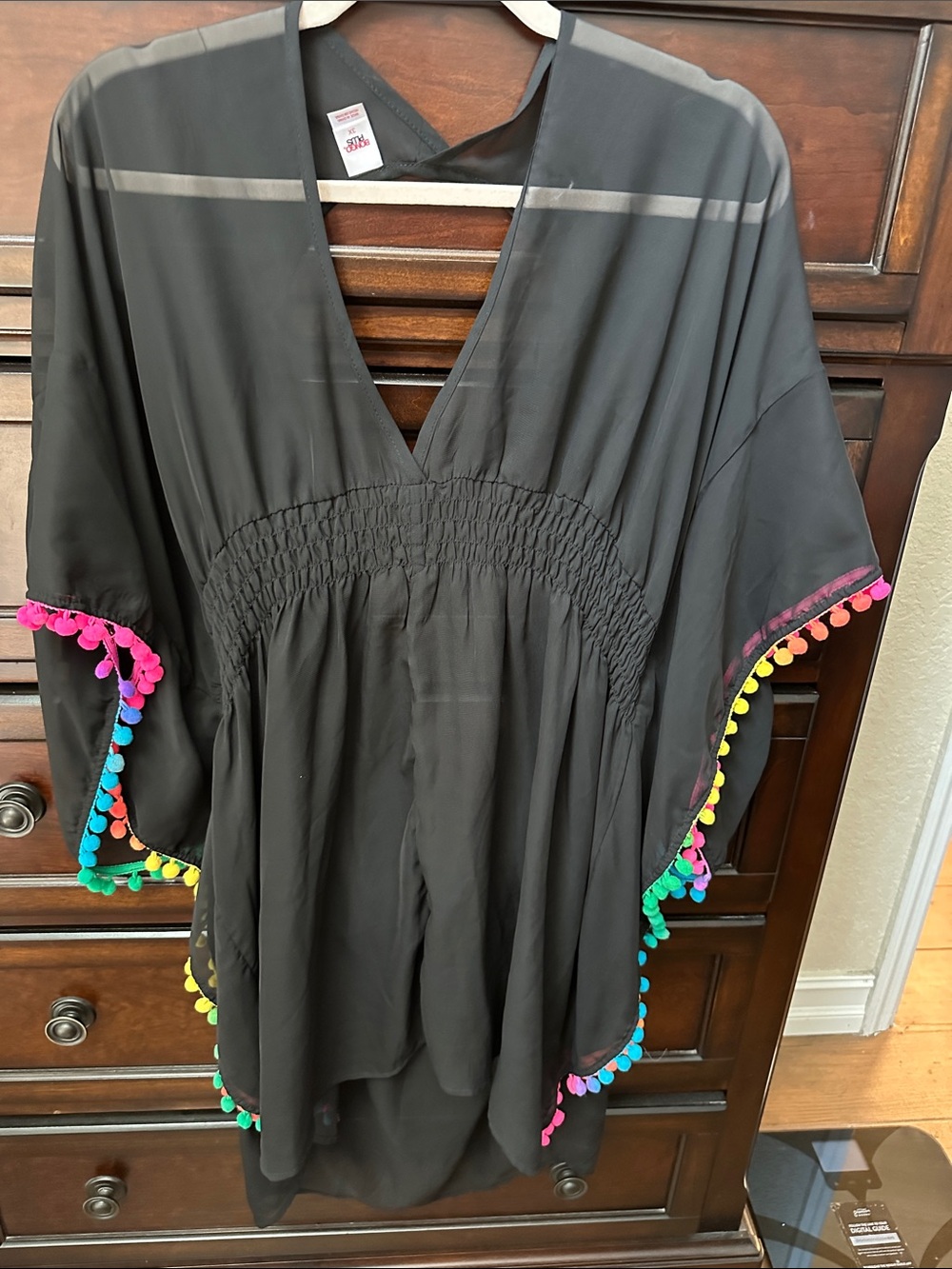 BONGO Black Swim Coverup with Rainbow Pom-Pom Trim